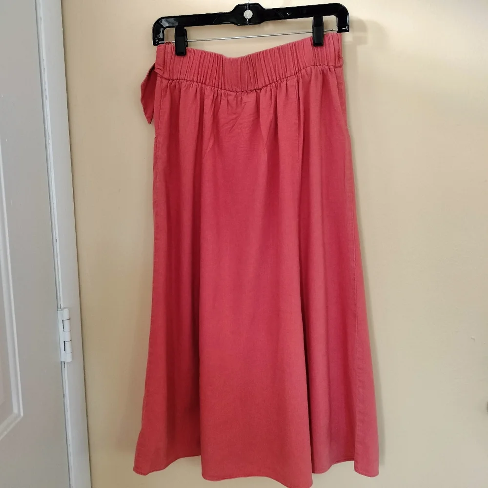 Topshop Linen Blend Orange A-Line Skirt Decorative Buttons Belt 6 Office Travel